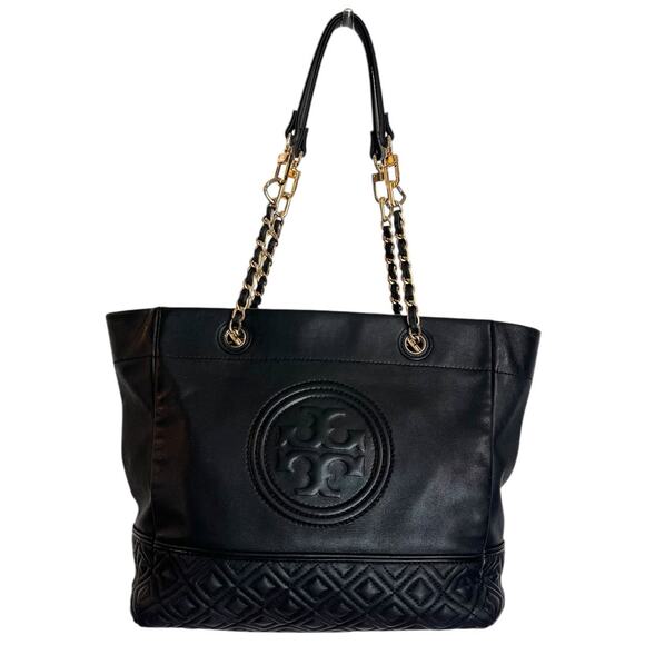 Tory Burch Fleming Golden Chain Black Leather Zippered Tote Shoulder Bag Quilted - Picture 1 of 9